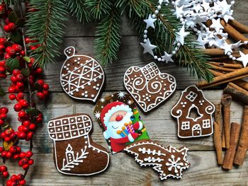 High angle view of gingerbread cookies on table