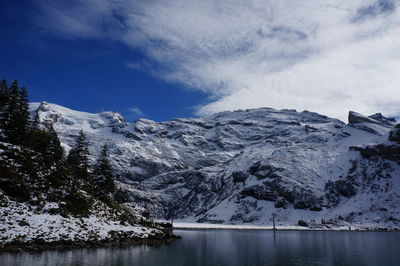 Scenic view of snowcapped mountains and lake against sky