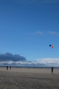 People at beach against blue sky