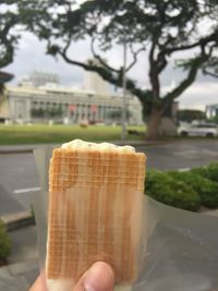 Close-up of hand holding ice cream cone