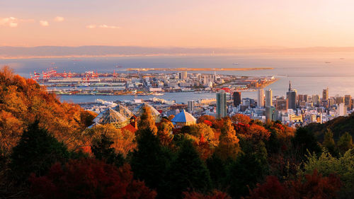 High angle view of cityscape during sunset