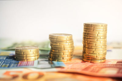 Close-up of coins on table