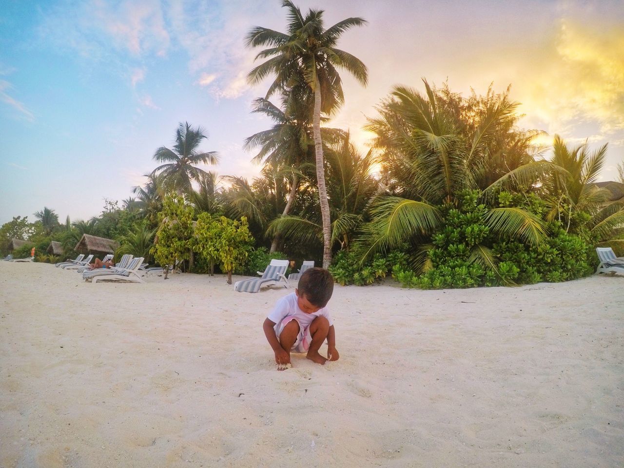 palm tree, shirtless, two people, tree, beach, real people, togetherness, sand, sky, boys, leisure activity, vacations, young women, childhood, nature, day, young adult, men, sea, outdoors, sitting, water, beauty in nature, people