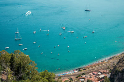 High angle view of boats in sea