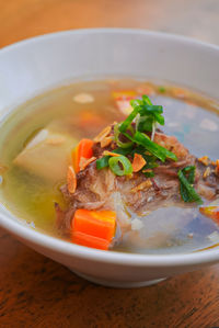 Close-up of soup in bowl on table