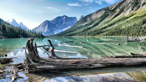 Scenic view of lake by snowcapped mountains against sky