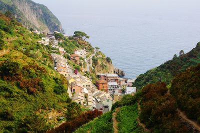 High angle view of town by sea