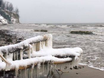 Frozen driftwood on shore at beach during winter