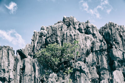 Low angle view of rocks on cliff against sky