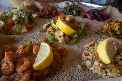 High angle view of food served in plate