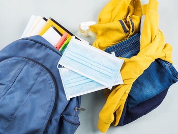 High angle view of yellow books on book