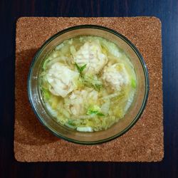 High angle view of soup in bowl on table
