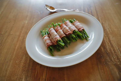 High angle view of seafood in plate on table