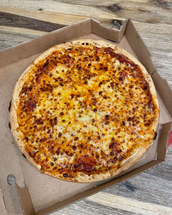 High angle view of pizza on table
