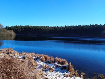 Scenic view of lake against clear blue sky