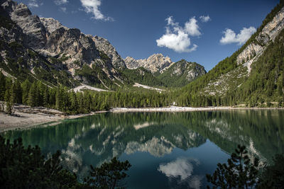 Braies lake and in background seekofel mountain, dolomites, italy