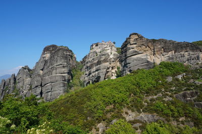 Scenic view of rocky mountains against clear blue sky