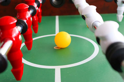 High angle view of ball on table foosball or football 