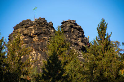 Low angle view of rock formation against clear blue sky