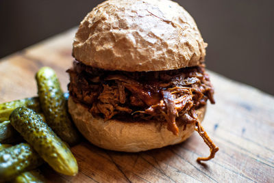 Close-up of pulled pork burger