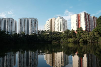 Reflection of buildings in lake against sky