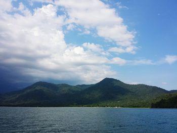 Scenic view of lake against cloudy sky