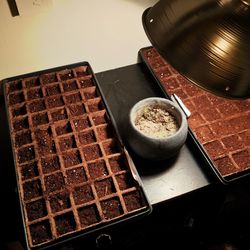 High angle view of soil on table