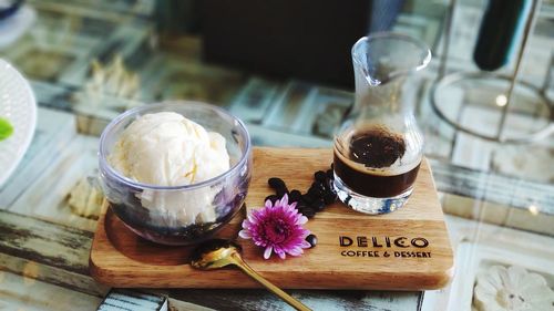 High angle view of ice cream in glass on table