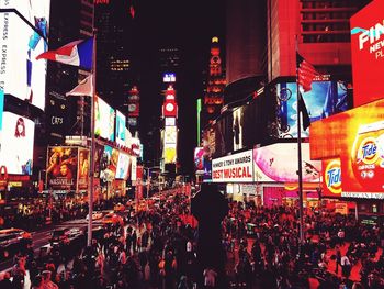 View of city lit up at night