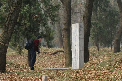 Full length of man on tree trunk