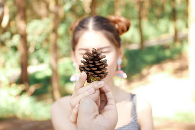 Cropped image of hand giving pine cone to woman