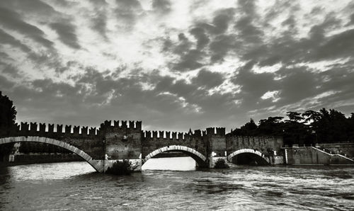 Bridge over river against cloudy sky