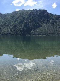 Scenic view of lake by mountain against sky