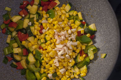 High angle view of chopped vegetables in bowl