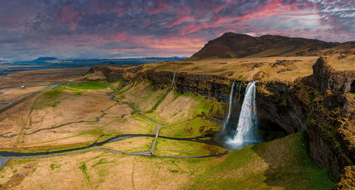 Aerial view of the seljalandsfoss - located in the south region in iceland