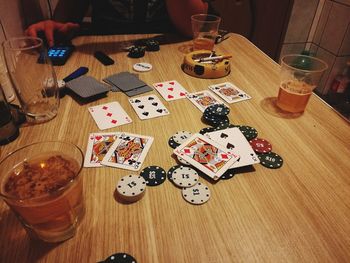 High angle view of beer on table