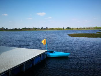 Scenic view of lake against blue sky