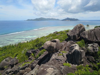Scenic view of rocks on beach against sky