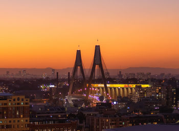 Illuminated buildings against sky during sunset