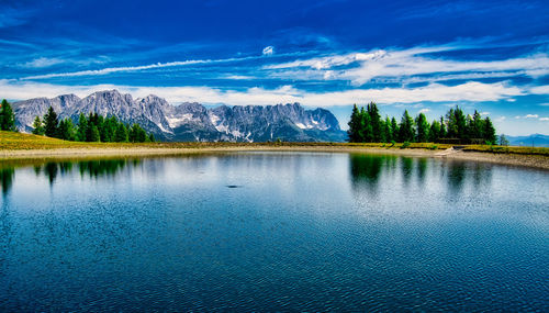 Scenic view of lake against blue sky