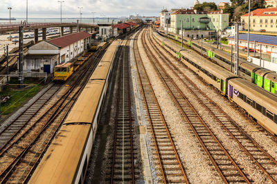 High angle view of railroad tracks in city