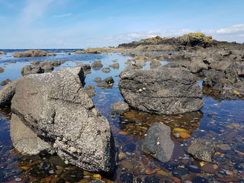 Rocks on beach against sky