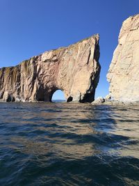 Rock formations in sea against clear blue sky