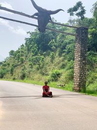 Man sitting on road against trees