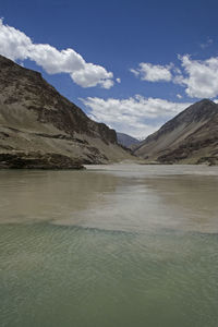 Scenic view of lake and mountains against sky