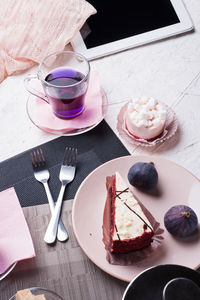 High angle view of breakfast on table