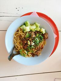 High angle view of meal served on table