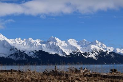 Scenic view of snowcapped mountains against sky