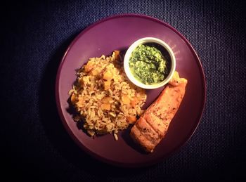 High angle view of breakfast served on table