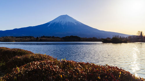 Scenic view of lake and mountains against sky